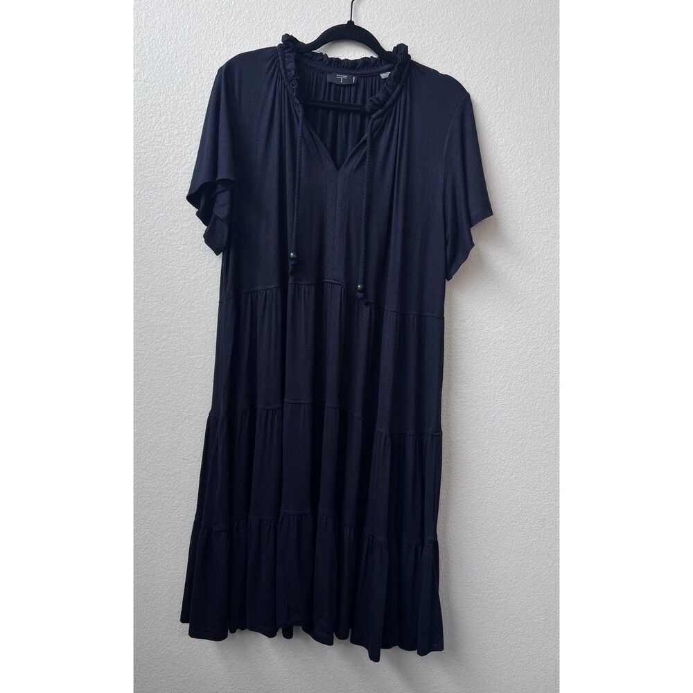 Tahari Women’s Midnight Navy Tiered Ruffle Neck Dress 1X Boho Knit Midi Babydoll